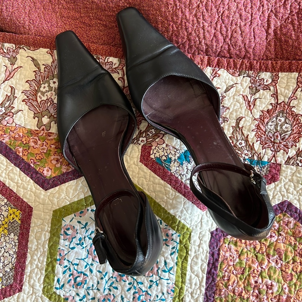 Coach Kitten Heel Black Pointed Toe Shoes w/ Ankle Buckle Closure and Charm